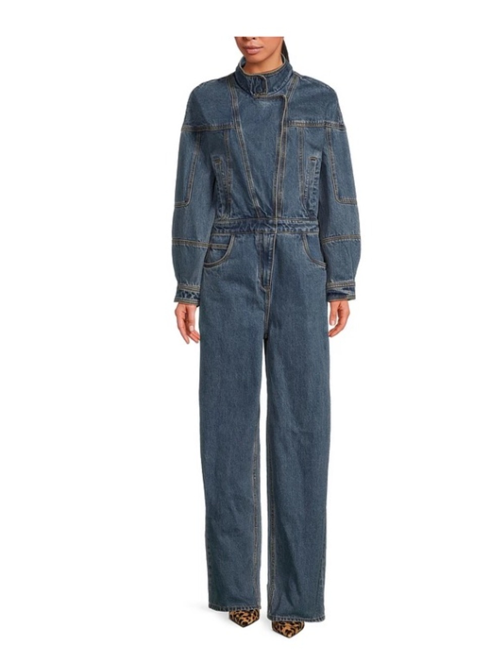 Ronny kobo Eugene band collar long sleeve denim jumpsuit